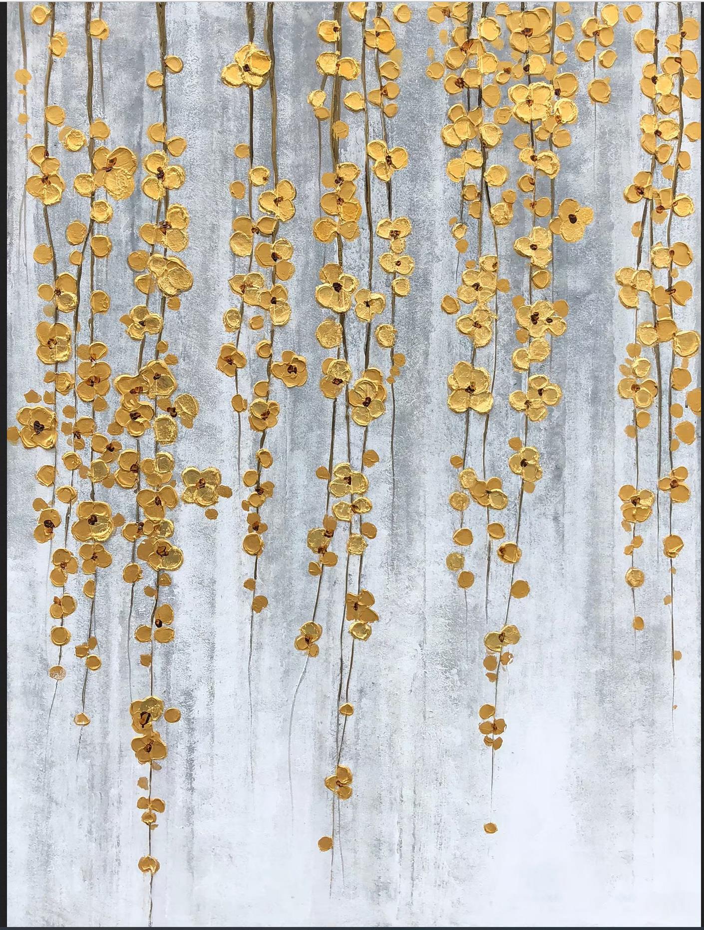 Natürlich herabhängende goldene Blumen von Palettenmesser Wandkunst Minimalismus Ölgemälde